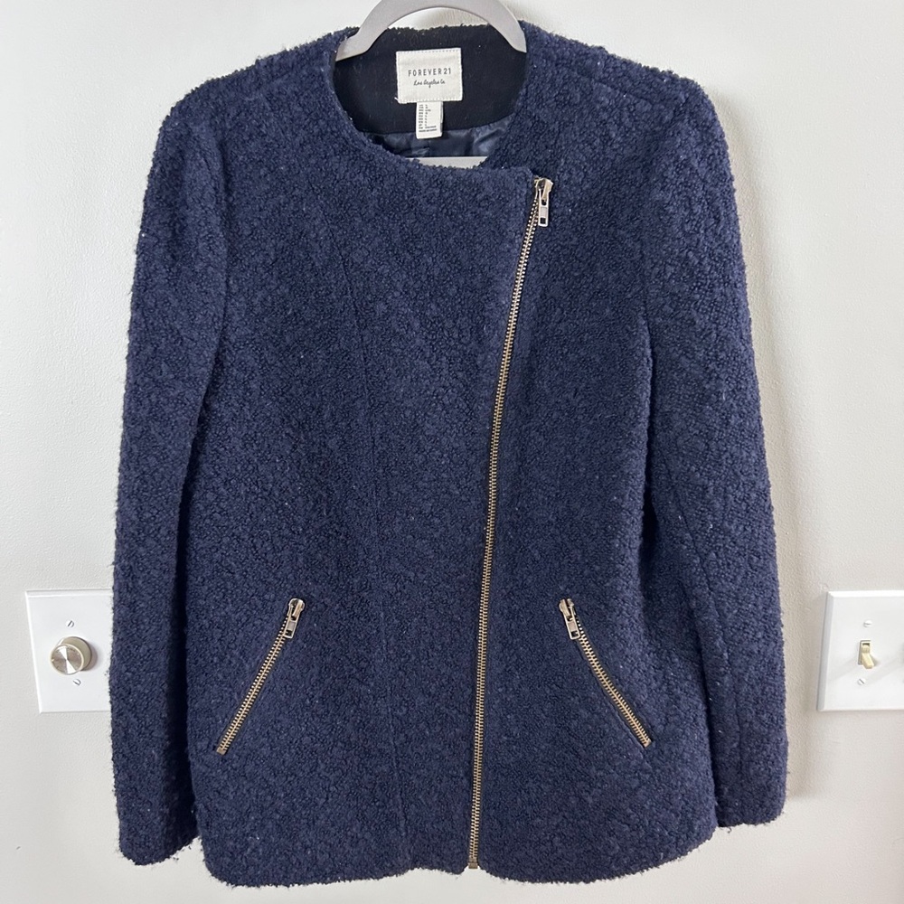 Forever 21 Navy Wool Blend Boucle Jacket with Gold Zippers